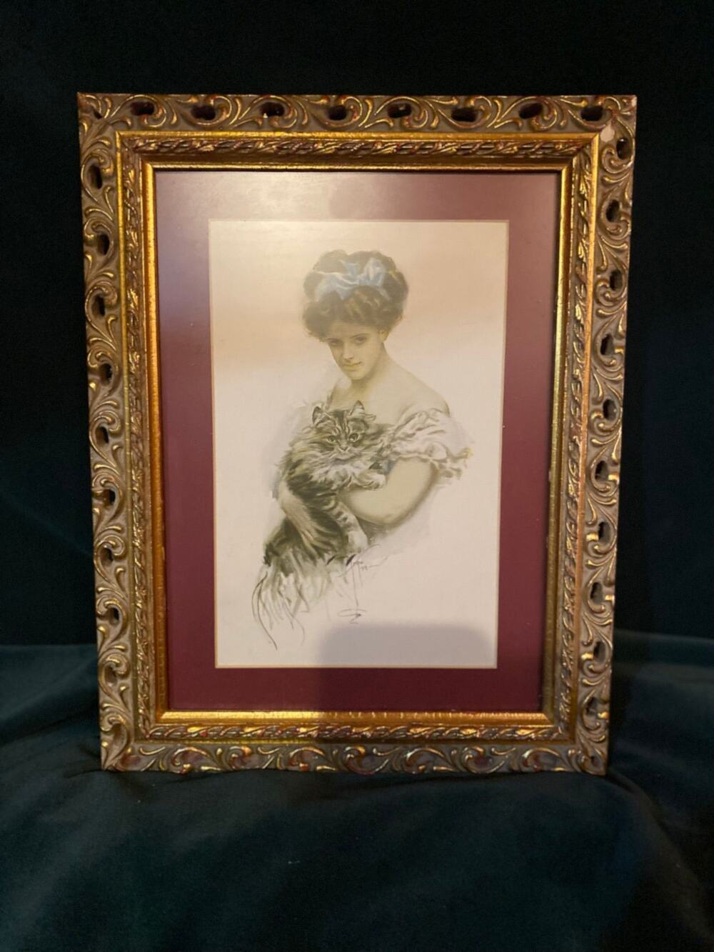 Antique Harrison Fisher Woman Cuddling Cat Print Ornate Gold Frame 13.75”